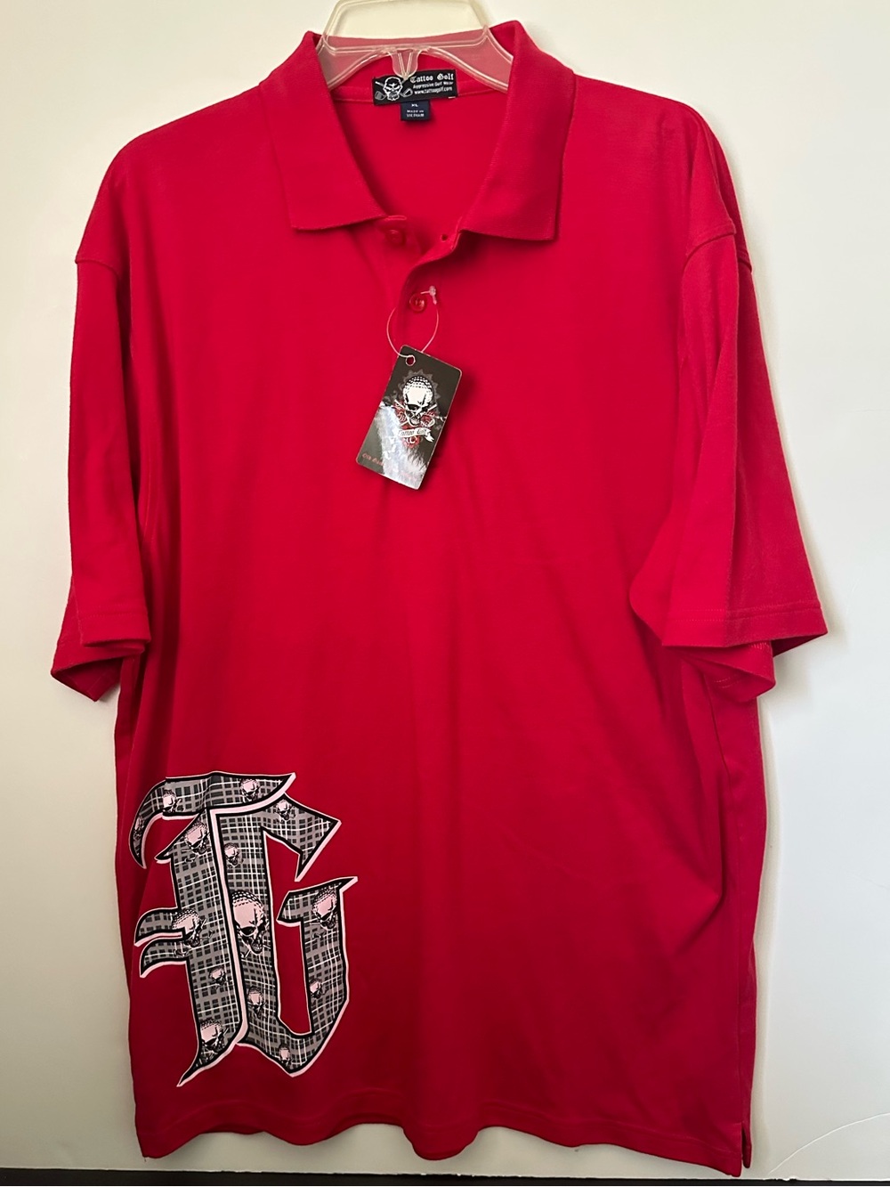 Tattoo Golf Skull Graphic Red Polo Shirt NWT~XL